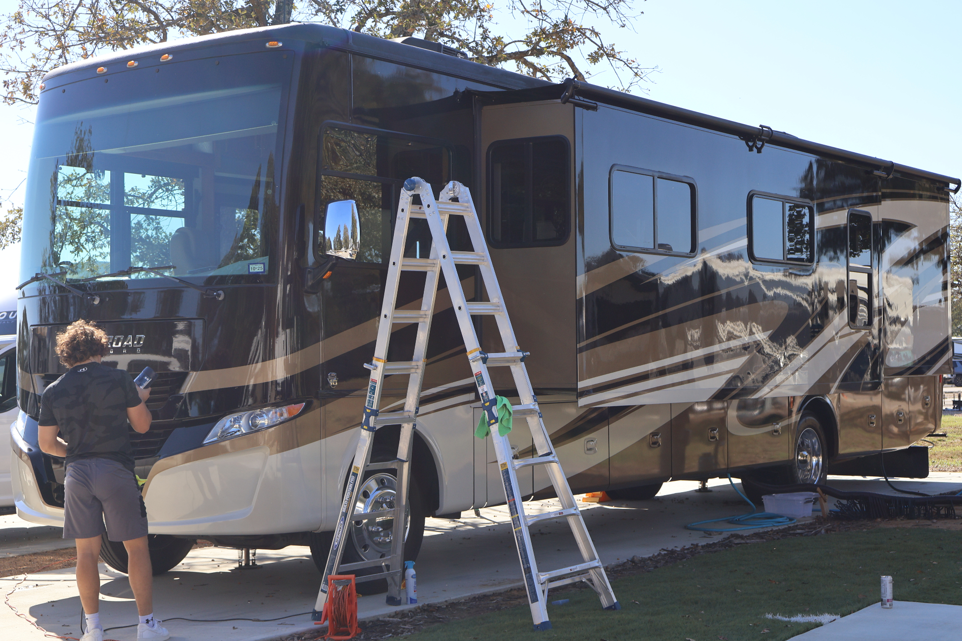 Tiffin motorhome being detailed by Boulos Detail